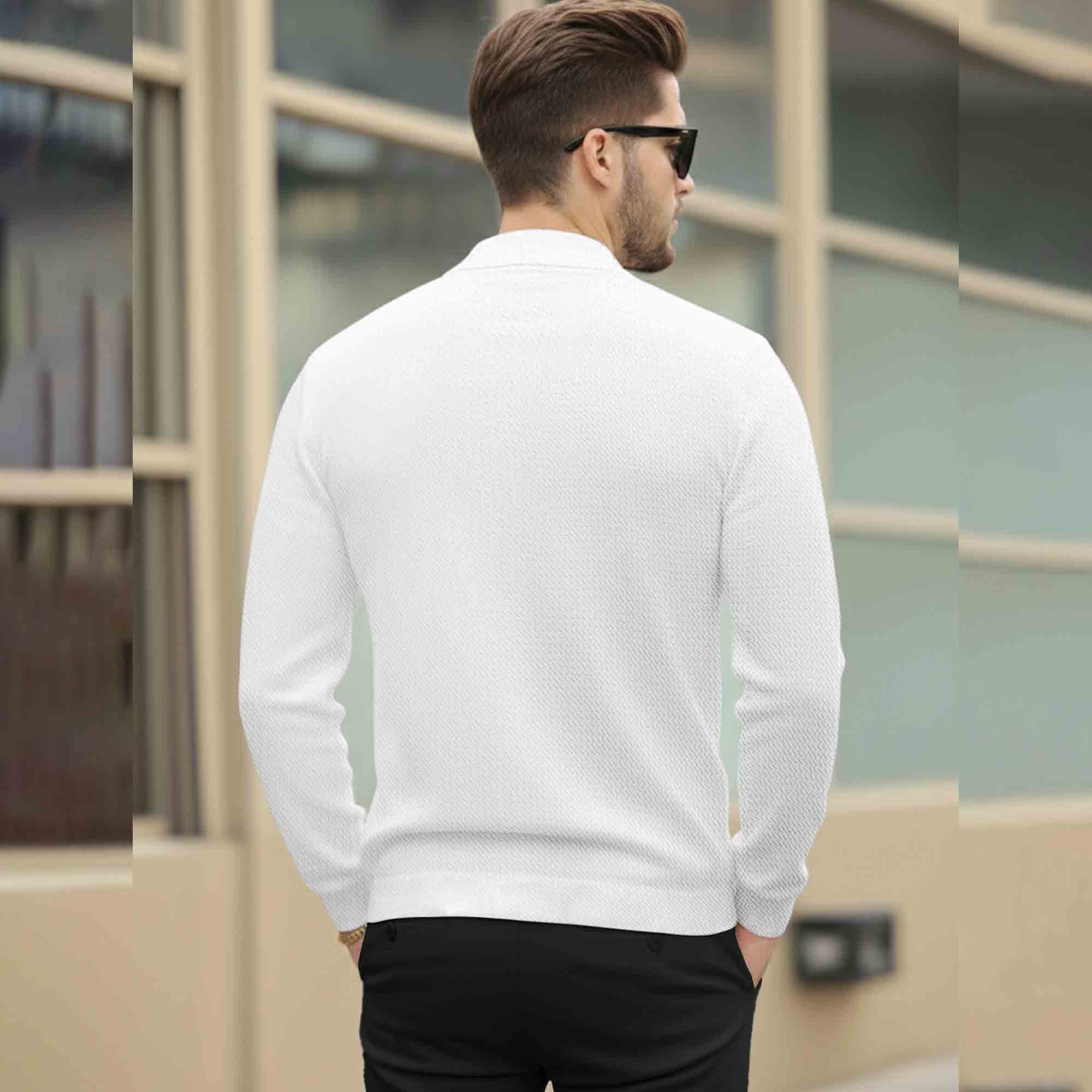 Men Quarter Zip Polo Neck Vertical Striped Full Sleeve T-shirt White