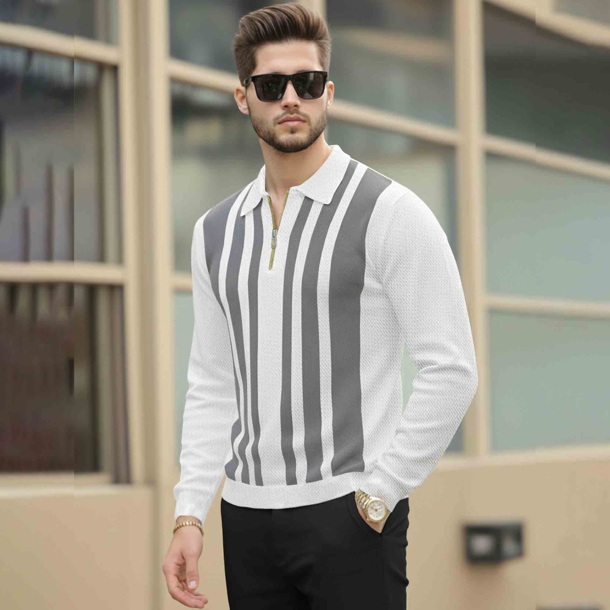 Men Quarter Zip Polo Neck Vertical Striped Full Sleeve T-shirt White