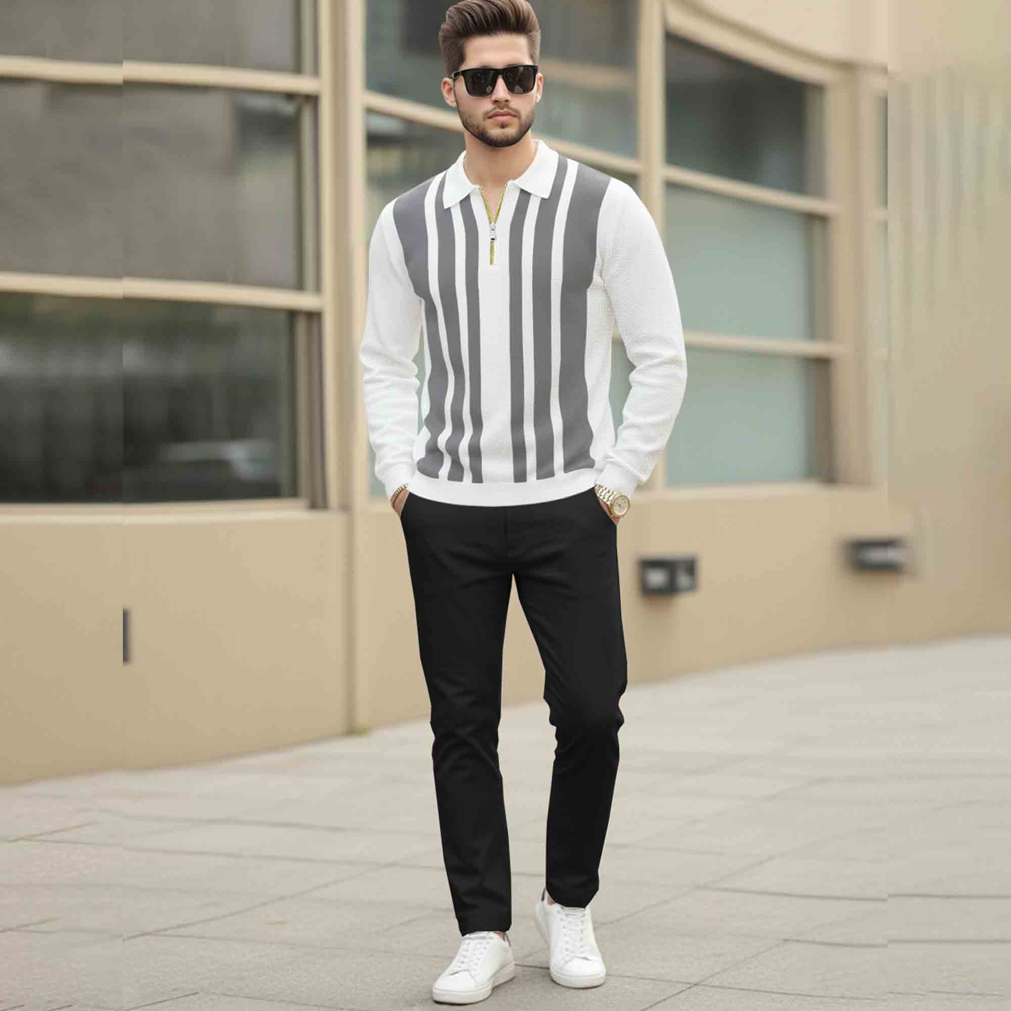 Men Quarter Zip Polo Neck Vertical Striped Full Sleeve T-shirt White