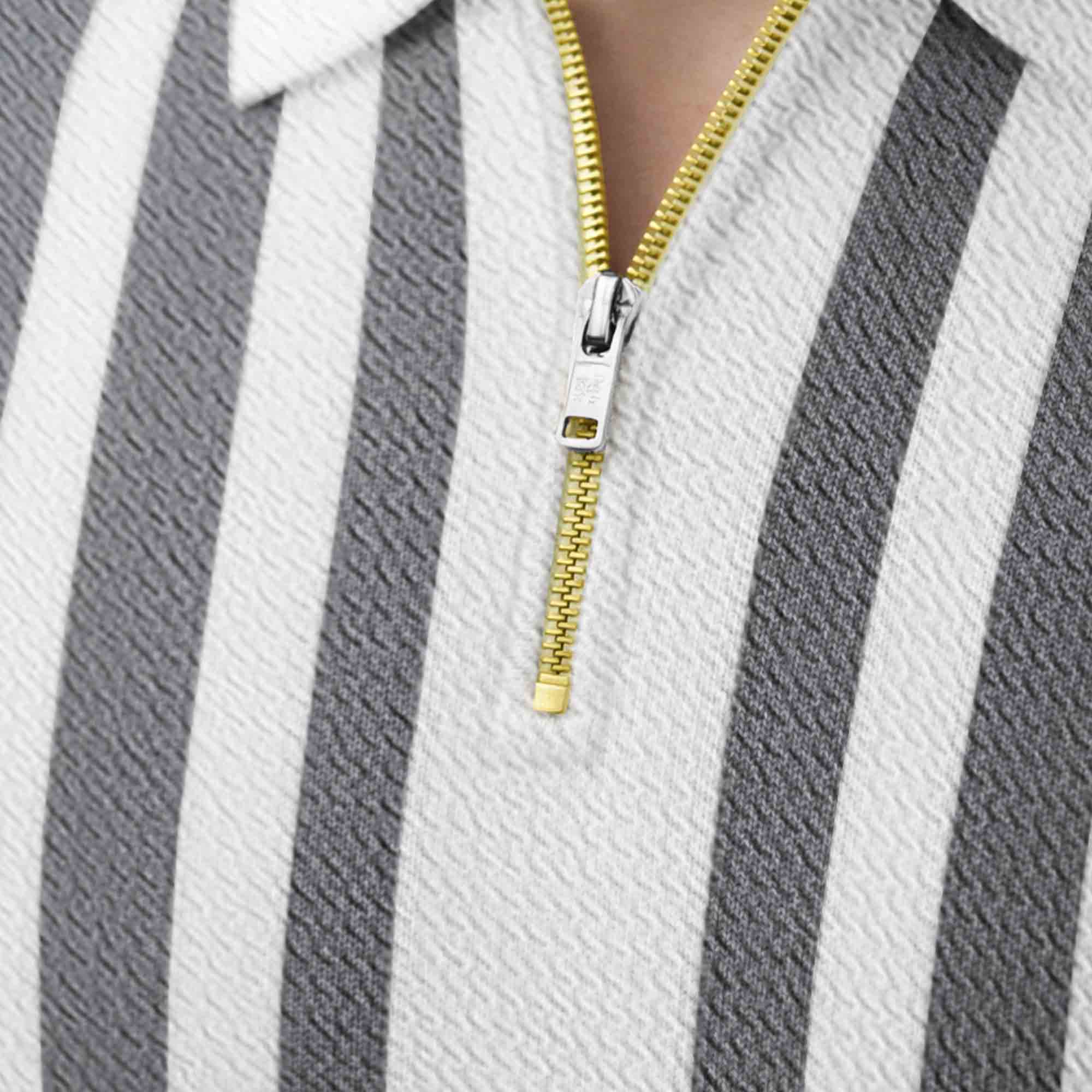 Men Quarter Zip Polo Neck Vertical Striped Full Sleeve T-shirt White