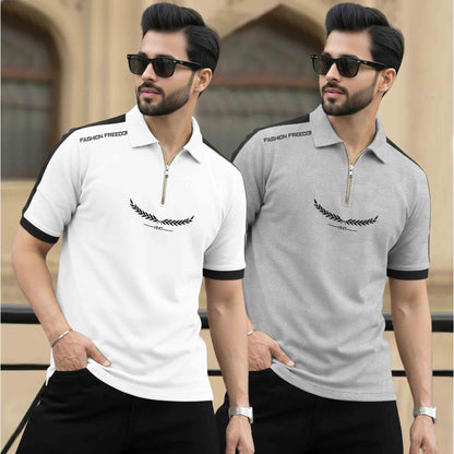 (Pack Of 2) Quarter Zip Polo Neck Printed Tshirts - 12 Variants