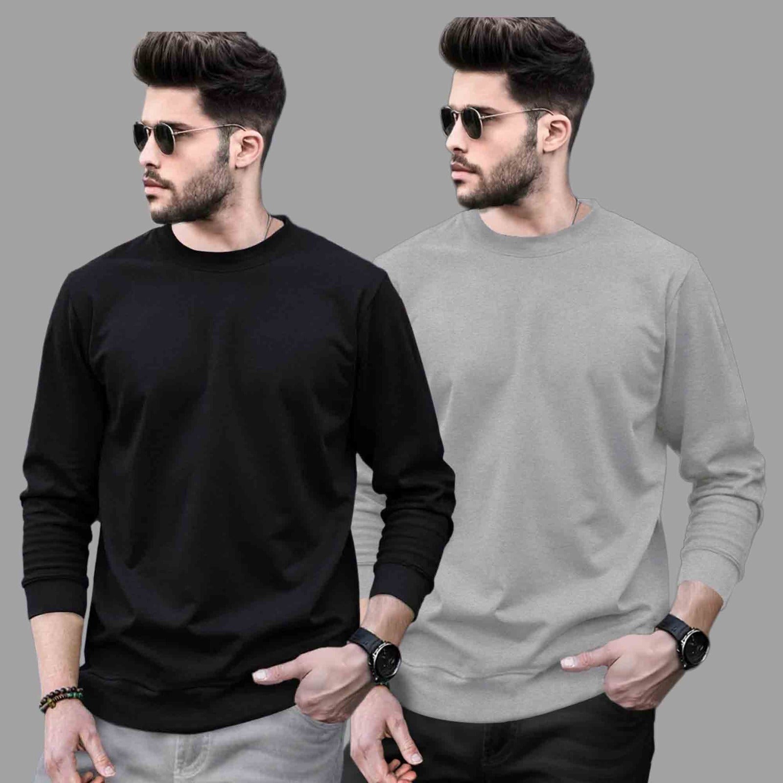 Pack Of 2 - Men Round Neck Full Sleeve Plain T-shirts - 12 Variants