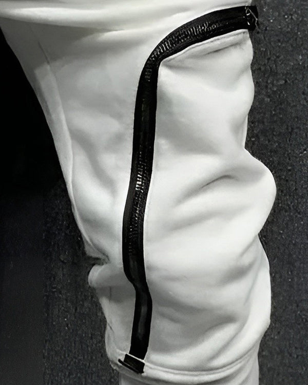 Model wearing zip pocket white cargo pant