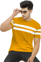 Men Striped Round Neck Cotton Blend Yellow, White T-Shirt