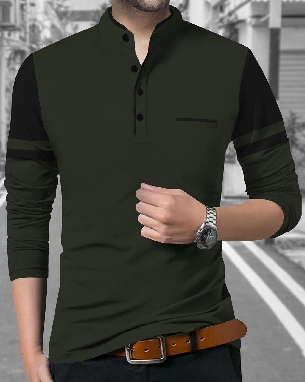 Solid Men Mandarin Collar Army Green Full Sleeve T-Shirt – TRIPR