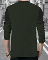 Solid Men Mandarin Collar Army Green Full Sleeve T-Shirt