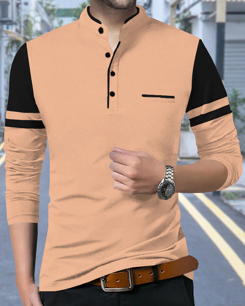 Solid Men Mandarin Collar Peach puff Full Sleeve T-Shirt