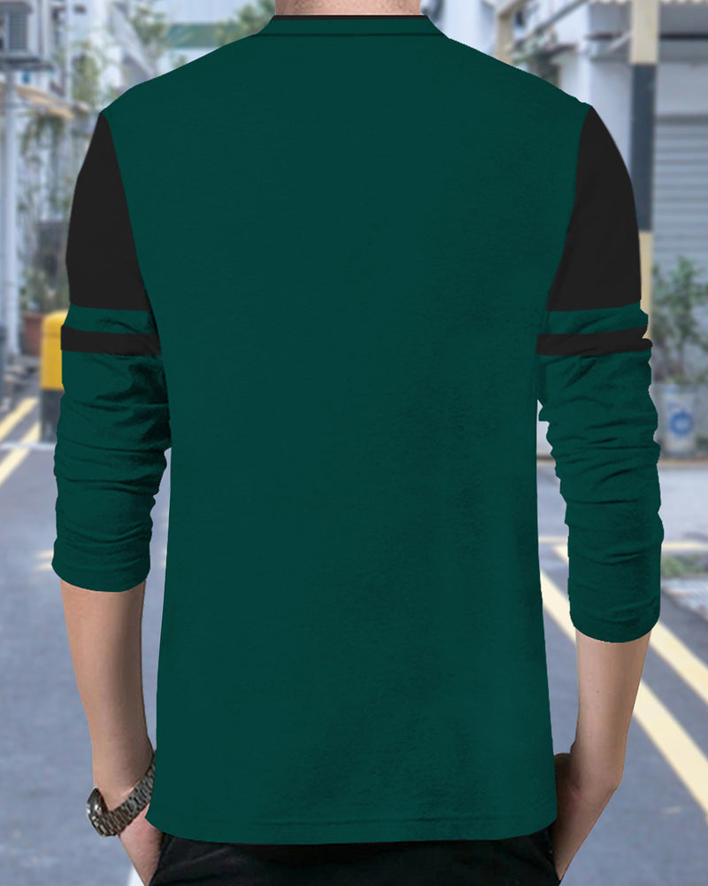 Solid Men Mandarin Collar Dark Green Black Full Sleeve T-Shirt
