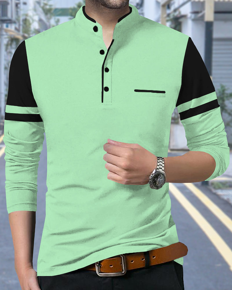 Solid Men Mandarin Collar Pale Green Black  Full Sleeve T-Shirt