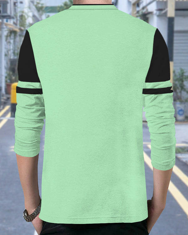 Solid Men Mandarin Collar Pale Green Black  Full Sleeve T-Shirt