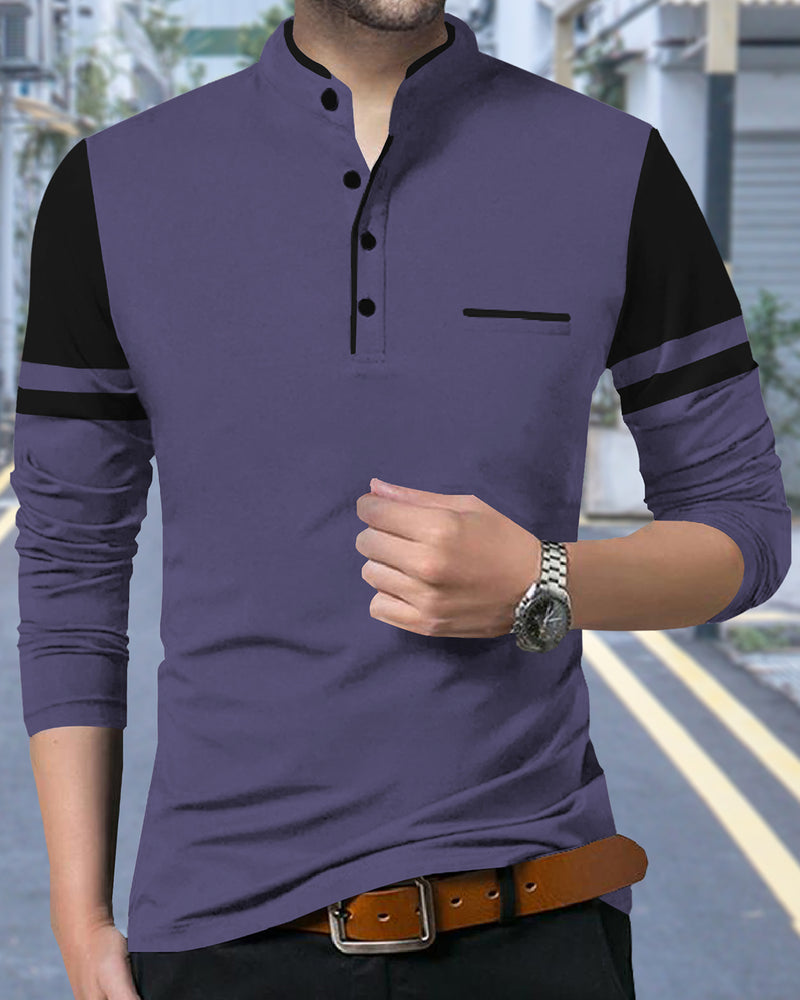Solid Men Mandarin Collar Full Sleeve T-Shirt