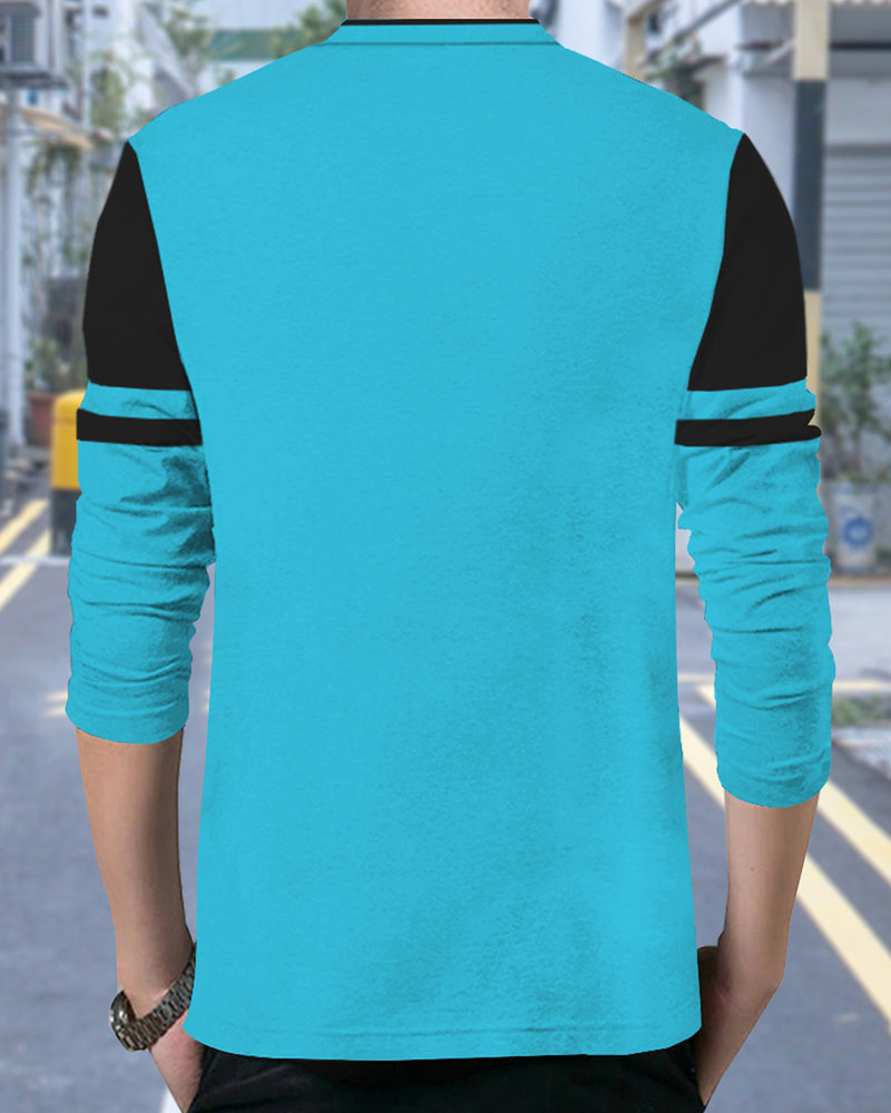 Solid Men Mandarin Collar Skyblue Black Full Sleeve T-Shirt