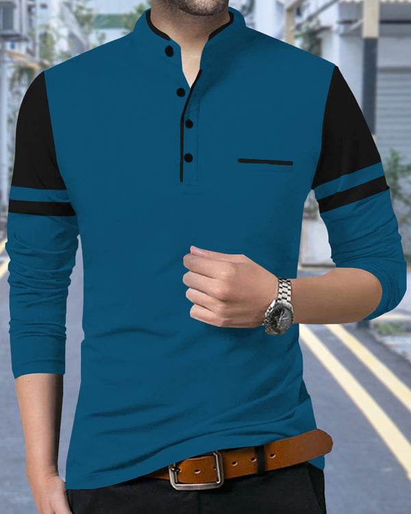 Solid Men Mandarin Collar RoyalBlue Black Full Sleeve T-Shirt
