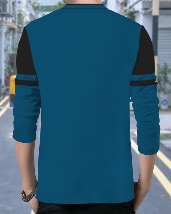 Solid Men Mandarin Collar RoyalBlue Black Full Sleeve T-Shirt