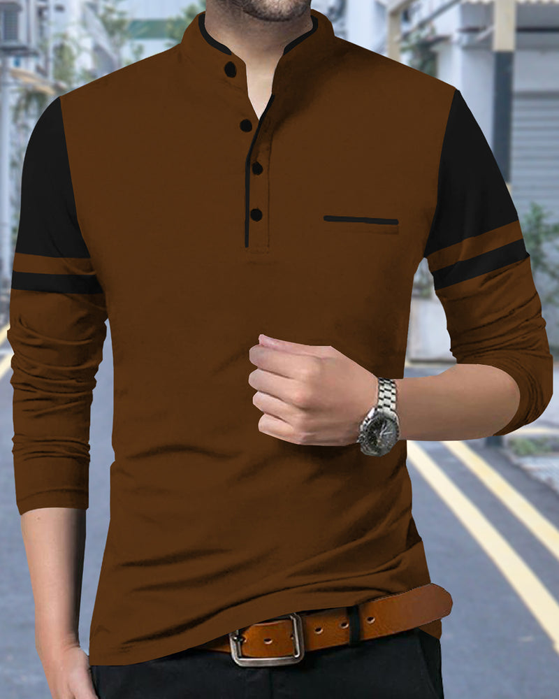 Solid Men Mandarin Collar Full Sleeve T-Shirt