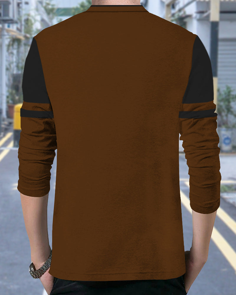 Solid Men Mandarin Collar Brown Black Full Sleeve T-Shirt