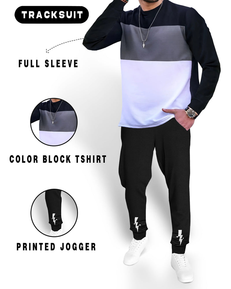 Men Tracksuit - Black colorblock Full Sleeve T-shirt with Black Jogger Pant