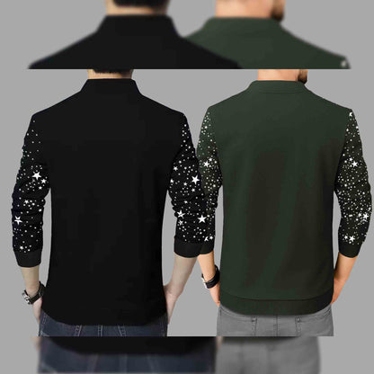 (Pack Of 2) Star Printed Round Neck Jacket Black & Olivegreen