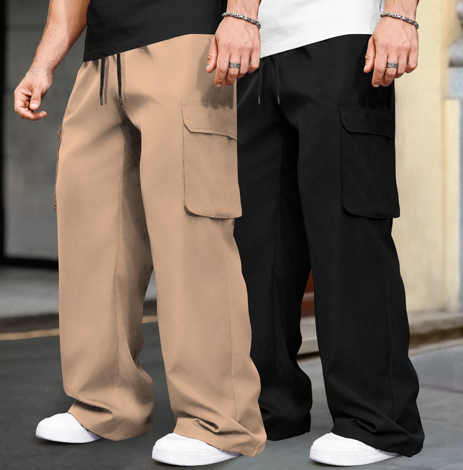 (Pack Of 2)  Multi Pockets Plain Baggy Cargos Beige & Black