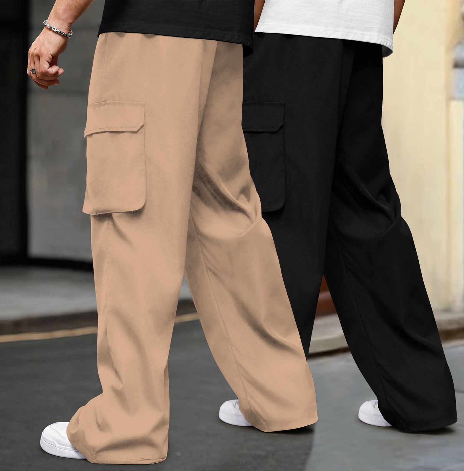 (Pack Of 2)  Multi Pockets Plain Baggy Cargos Beige & Black