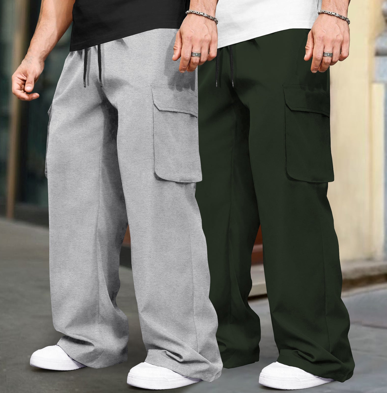 (Pack Of 2)  Multi Pockets Plain Baggy Cargos Grey & Olivegreen