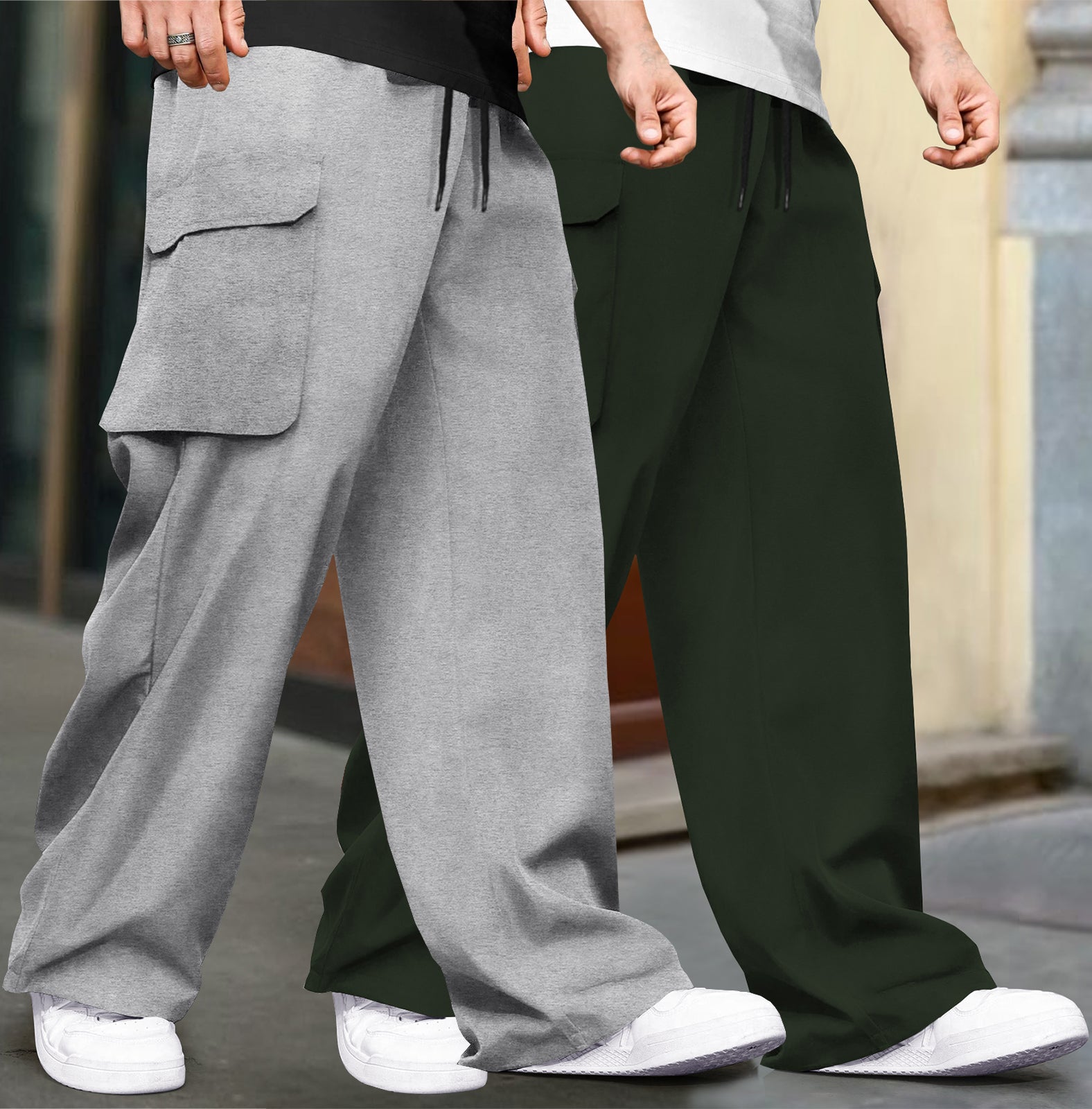 (Pack Of 2)  Multi Pockets Plain Baggy Cargos Grey & Olivegreen