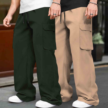 (Pack Of 2)  Multi Pockets Plain Baggy Cargos Olivegreen & Beige