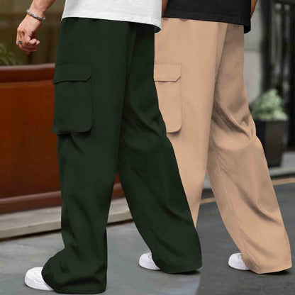 (Pack Of 2)  Multi Pockets Plain Baggy Cargos Olivegreen & Beige
