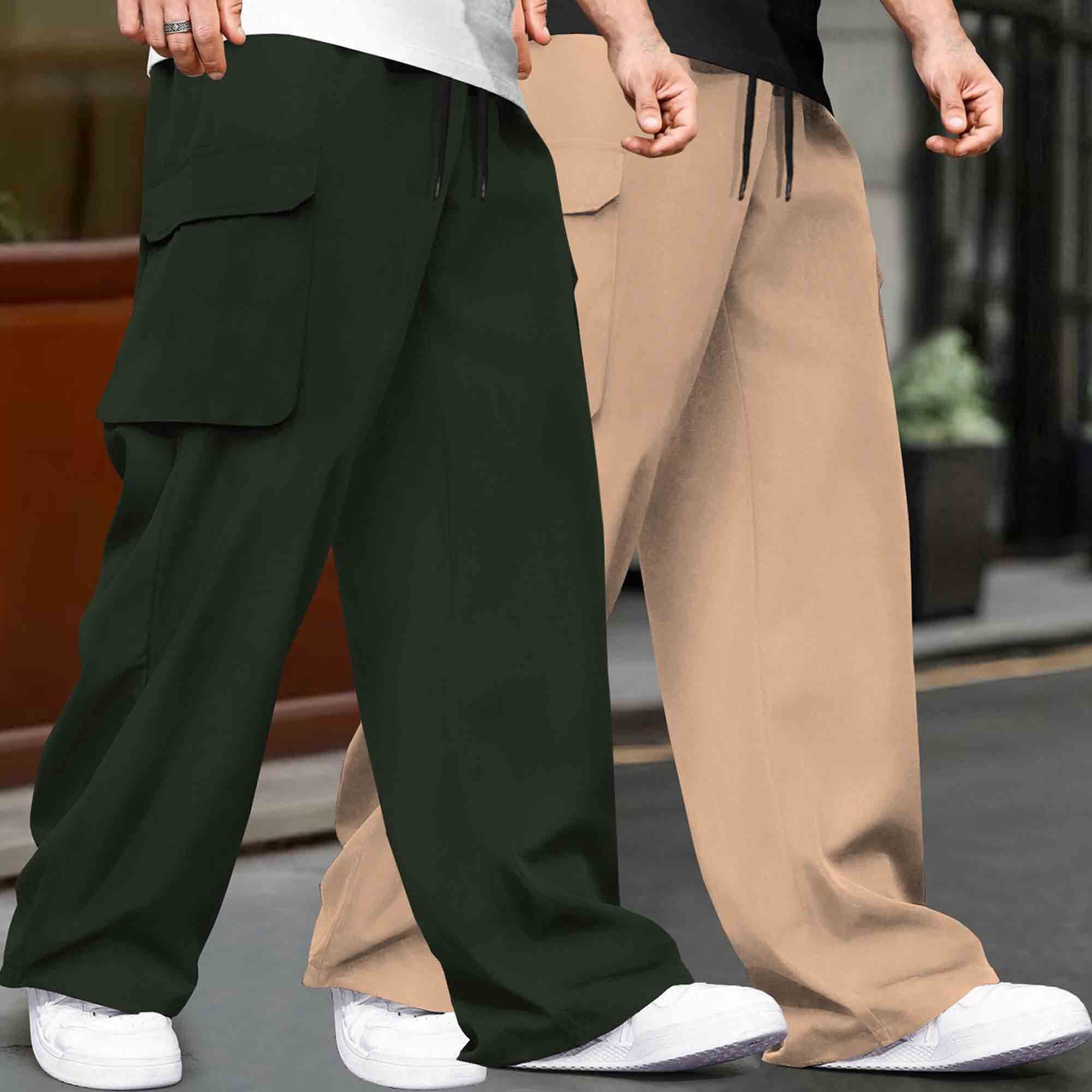(Pack Of 2)  Multi Pockets Plain Baggy Cargos Olivegreen & Beige