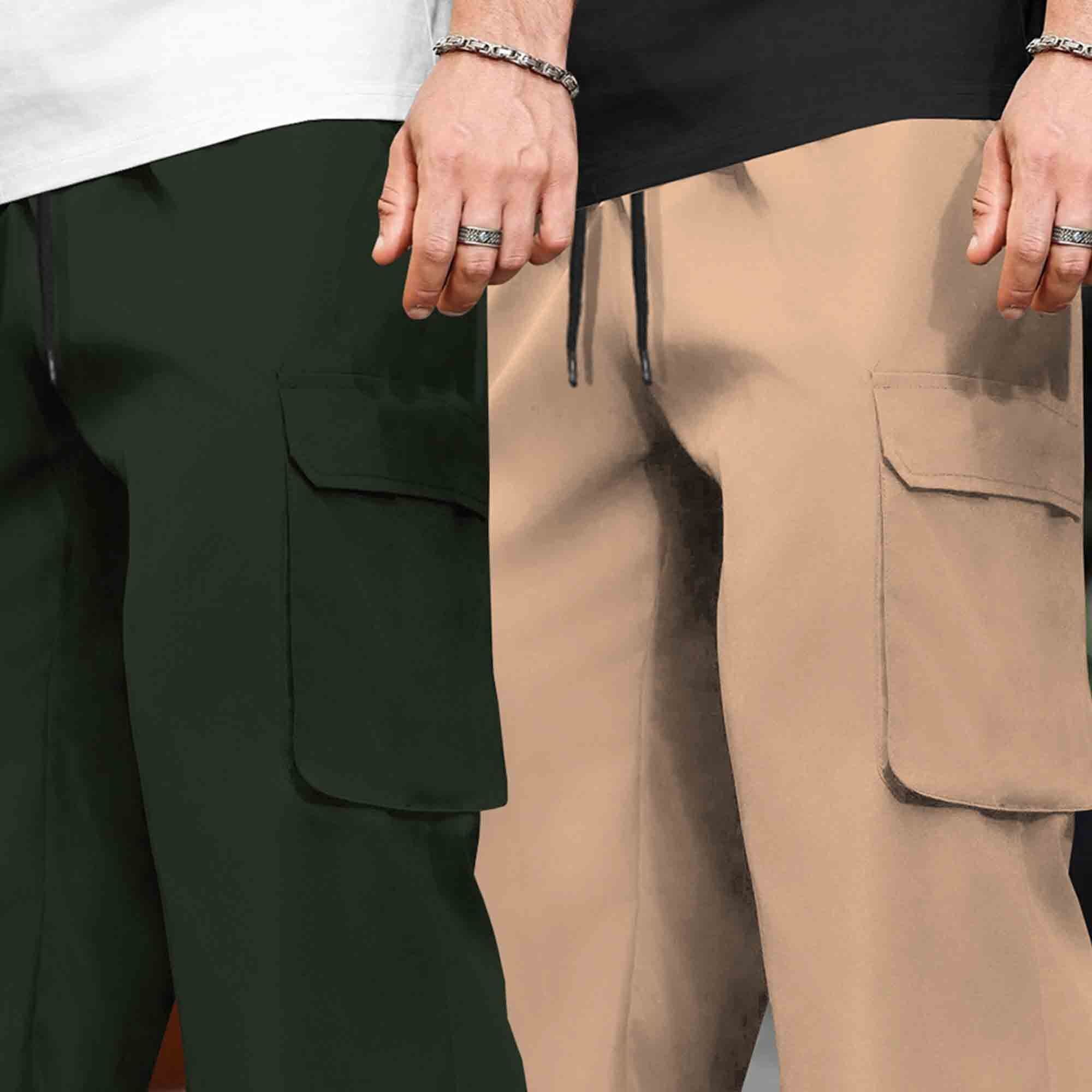 (Pack Of 2)  Multi Pockets Plain Baggy Cargos Olivegreen & Beige