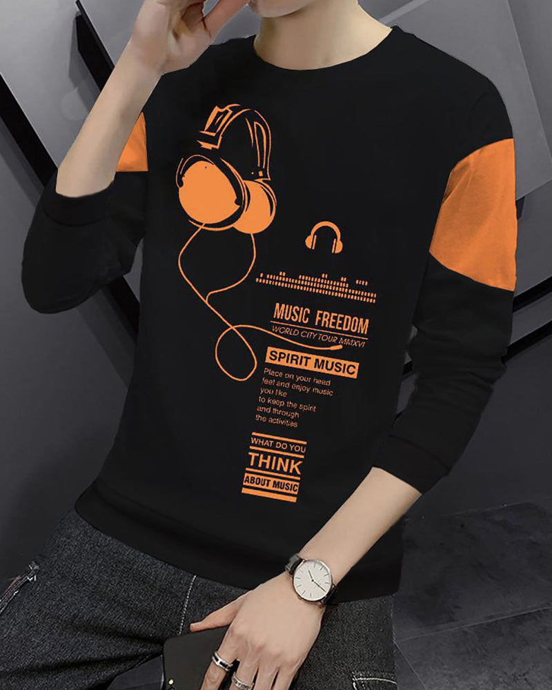 Boys Full Sleeve Black-Orange Music Printed T-shirt