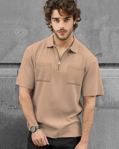 Half Sleeve Double Poacket Polo Waffle Beige T-shirt