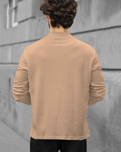 Men Full Sleeve Double Poacket Polo Waffle Beige T-shirt