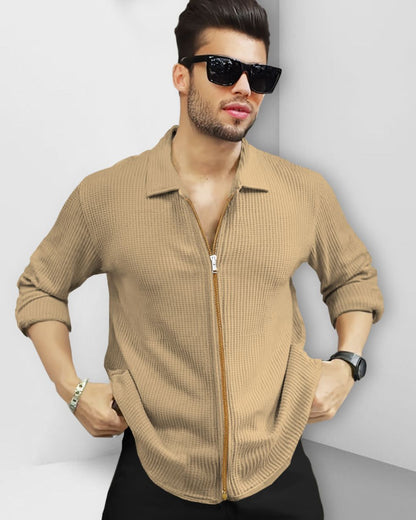 Men Full Sleeve Zip Model Plain Waffle Shirt Beige