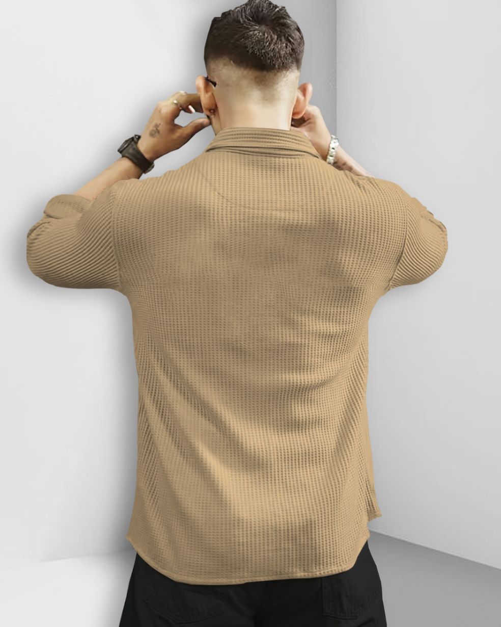 Men Full Sleeve Zip Model Plain Waffle Shirt Beige