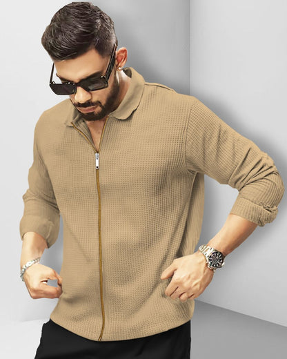 Men Full Sleeve Zip Model Plain Waffle Shirt Beige