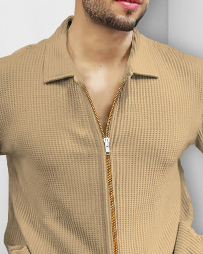 Men Full Sleeve Zip Model Plain Waffle Shirt Beige