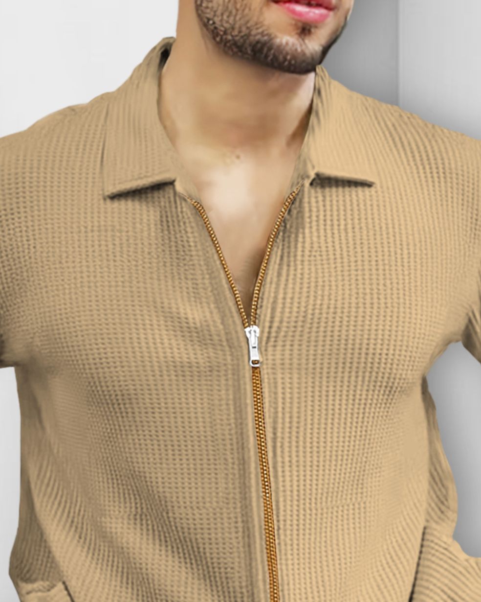 Men Full Sleeve Zip Model Plain Waffle Shirt Beige