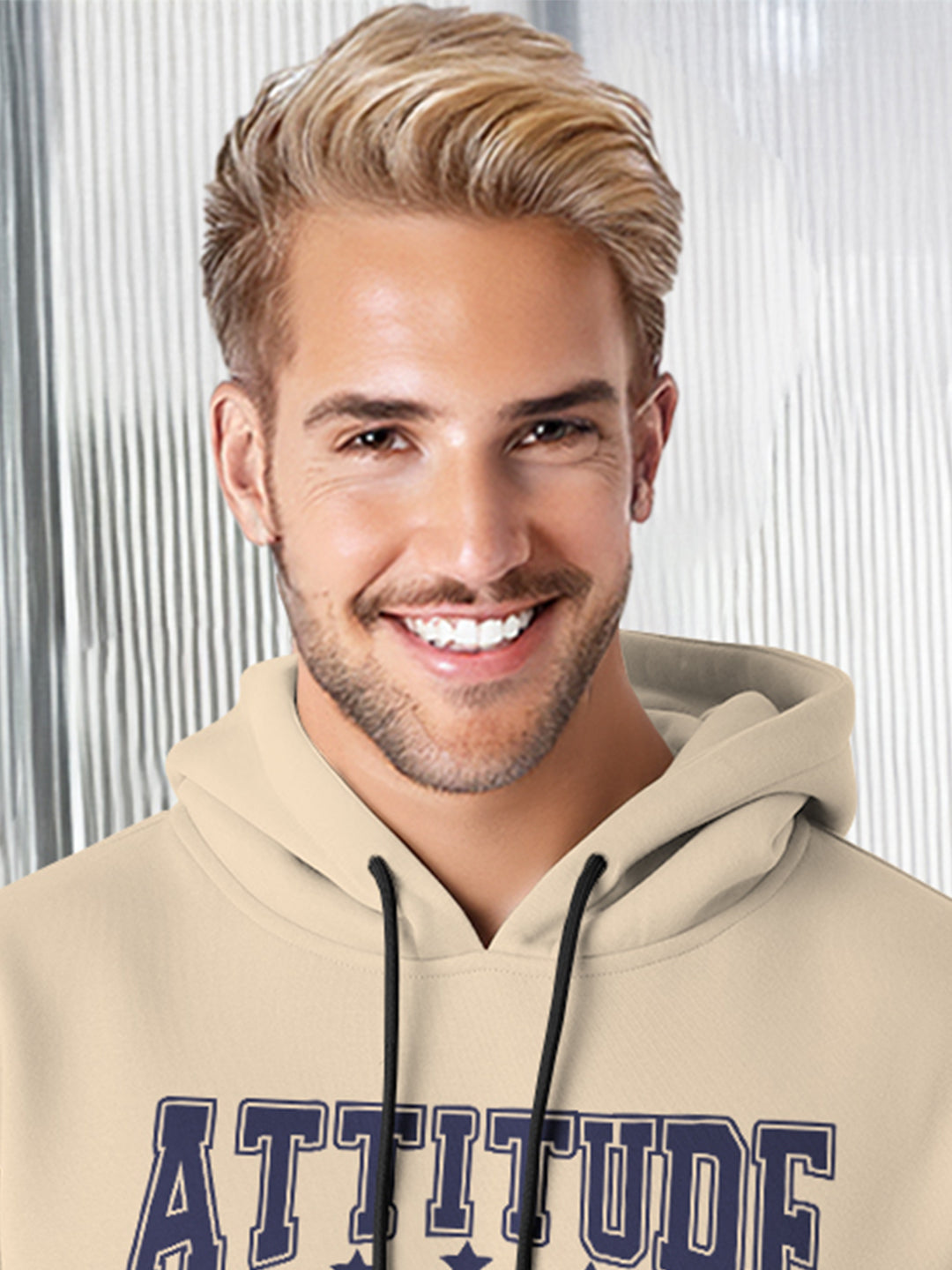 Men Stylish Printed Hooded Sweatshirt Beige