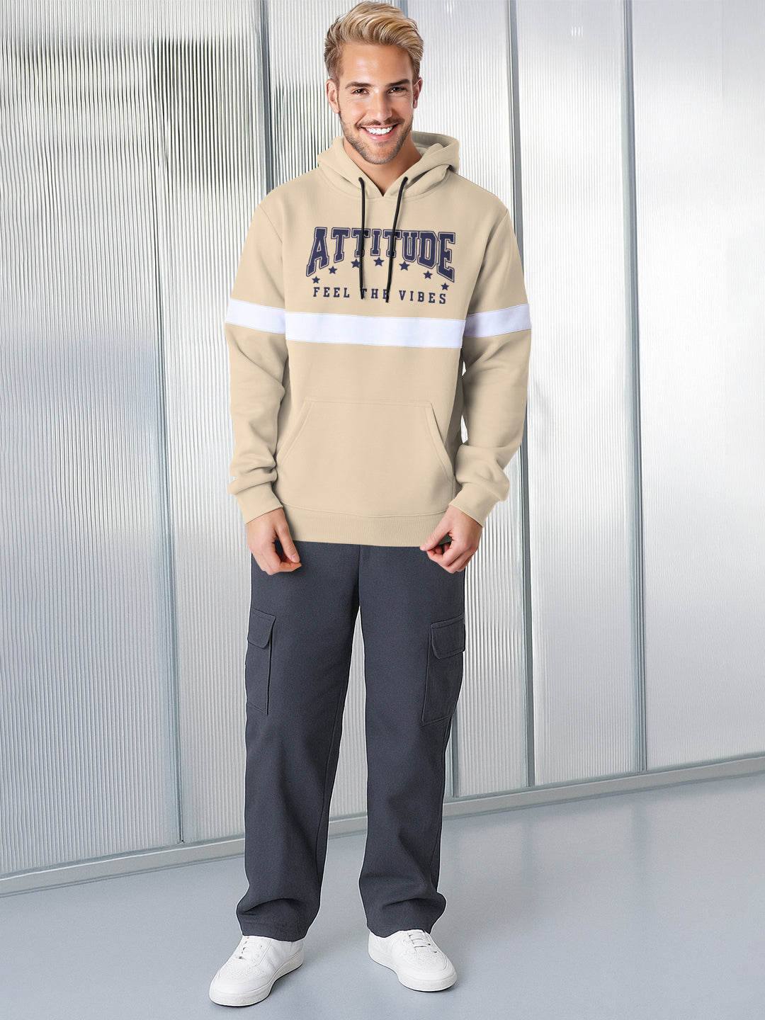 Men Stylish Printed Hooded Sweatshirt Beige