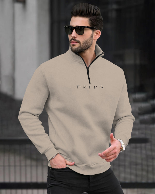 Men Zipper high Neck Beige Sweatshirt