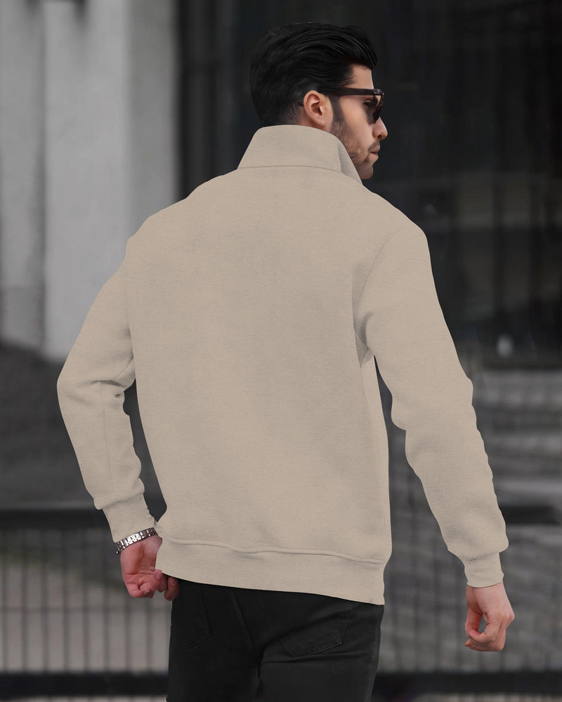 Men Zipper high Neck Beige Sweatshirt