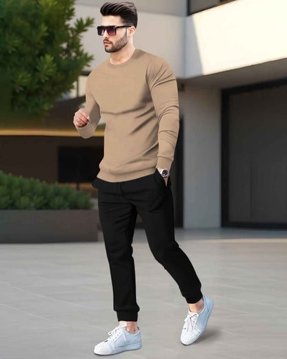 Mens Tracksuit - Full Sleeve Beige t-shirt / Black Trackpant