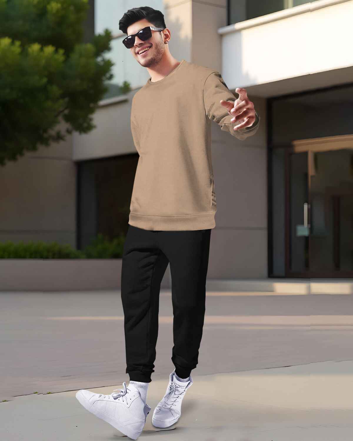 Mens Tracksuit - Full Sleeve Beige t-shirt / Black Trackpant