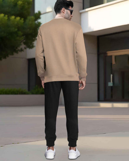 Mens Tracksuit - Full Sleeve Beige t-shirt / Black Trackpant