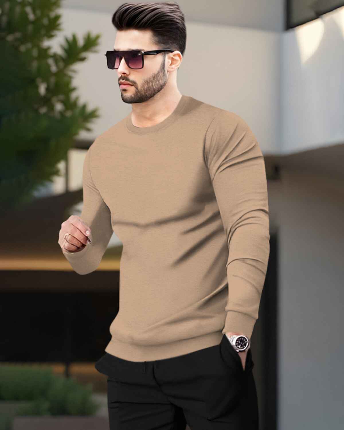 Mens Tracksuit - Full Sleeve Beige t-shirt / Black Trackpant