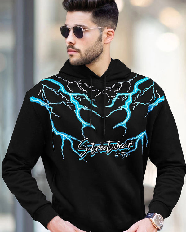 Men Thunder Printed Hooded Neck Black T-Shirt