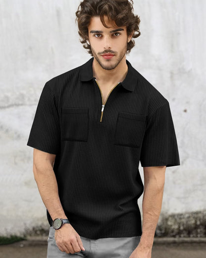 Half Sleeve Double Poacket Polo Waffle Black T-shirt