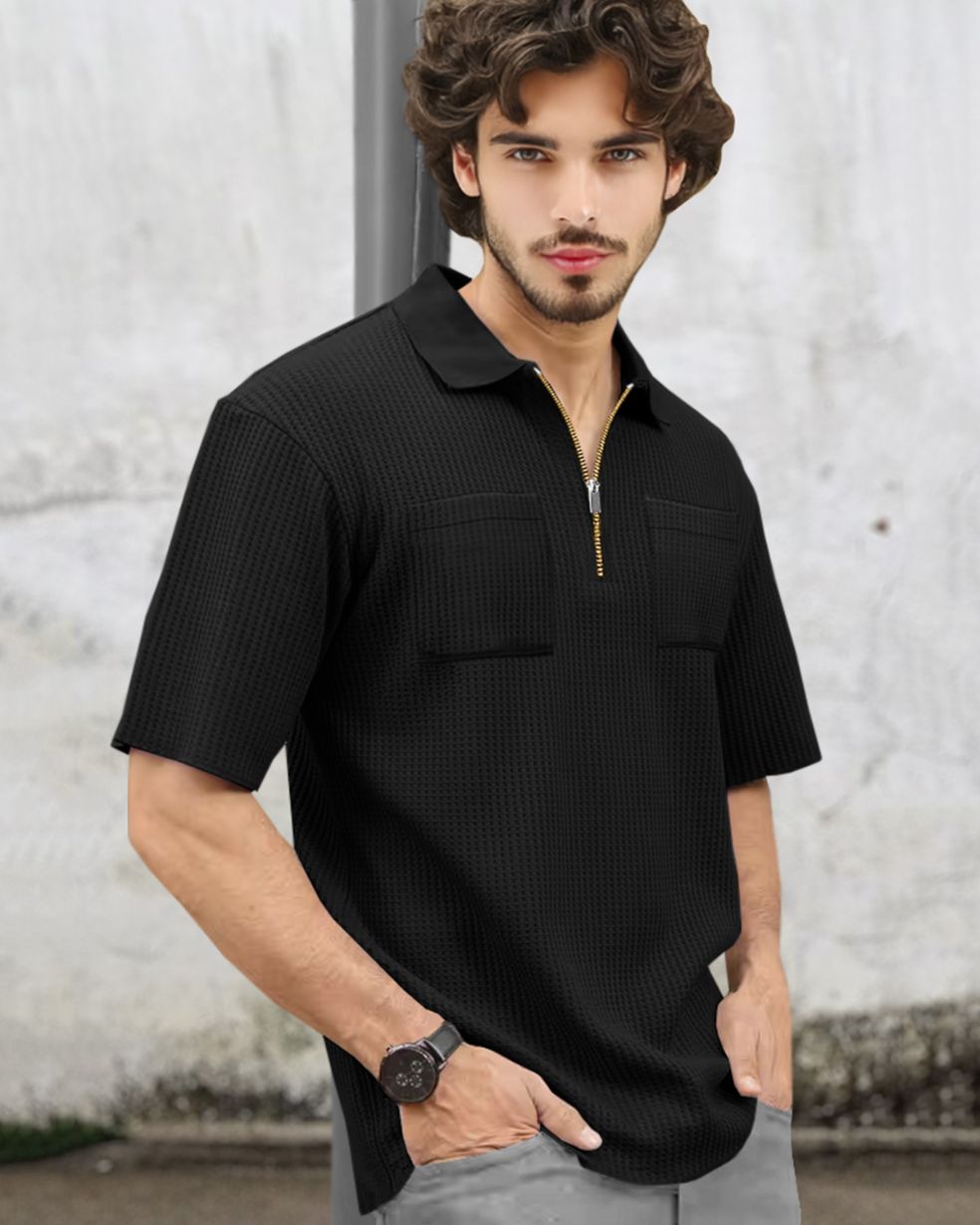 Half Sleeve Double Poacket Polo Waffle Black T-shirt