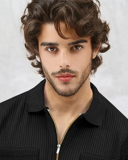 Half Sleeve Double Poacket Polo Waffle Black T-shirt